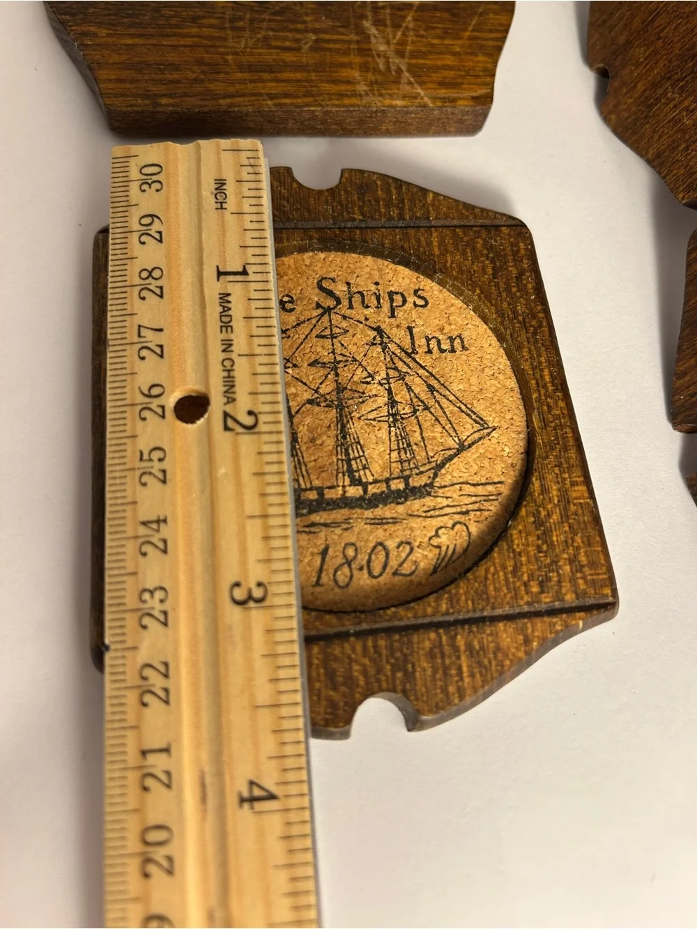 5 vintage coasters Woodcrest by Styson The Ships Inn 1802 Wood Pressed Cork SET